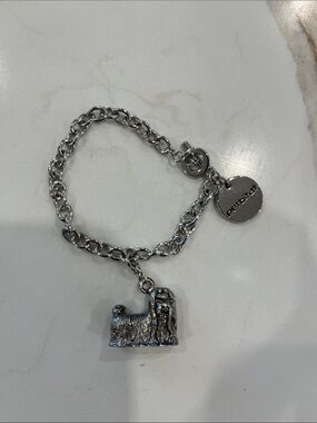 Silver tone Chain 7” Bracelet with Pekinese Dog Charm and toggle and loop close